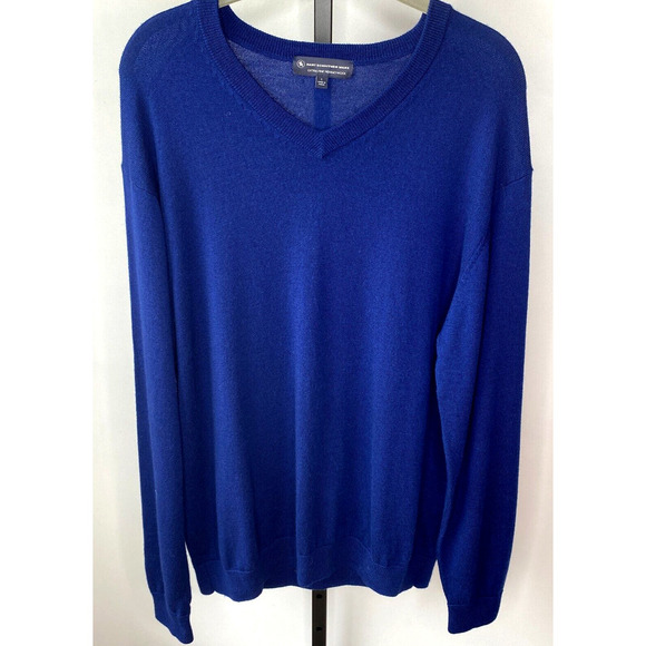 Mens Sz L Extra Fine Merino Wool V-Neck Sweater Hart Schaffner Marx Navy Blue - Picture 1 of 7